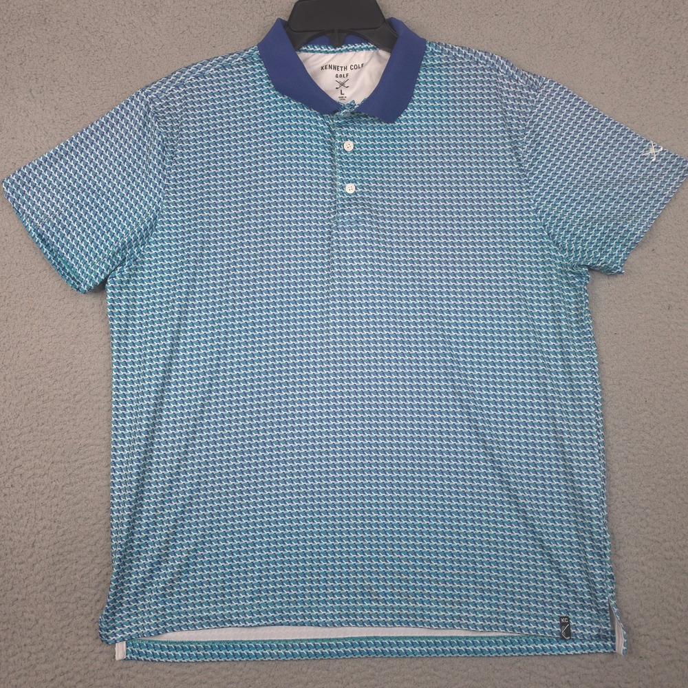 Kenneth Cole Golf Polo Shirt Mens Large Blue Geometric Print Performance
